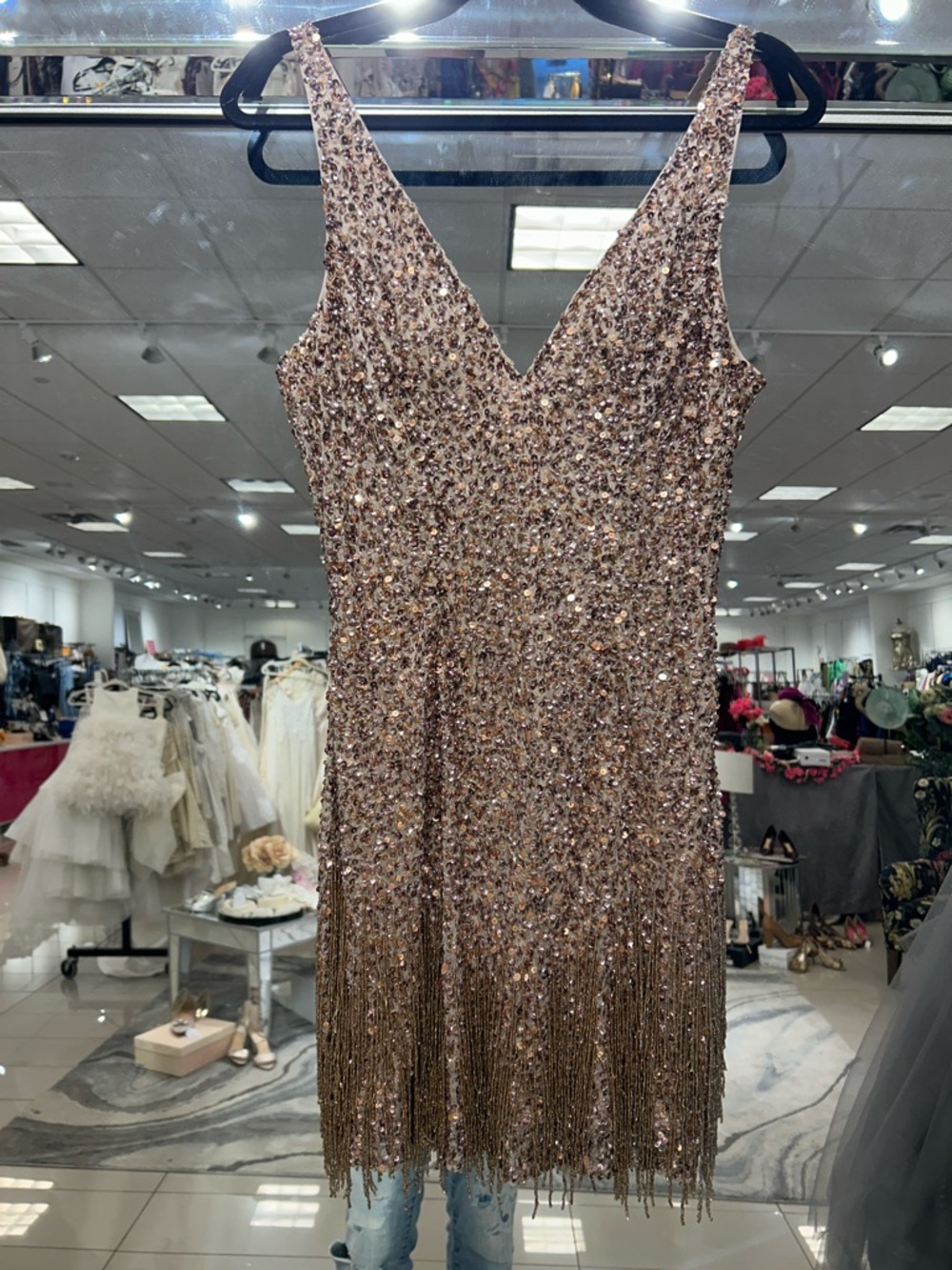Mac Duggal Rose Gold Sequin Fringe V-Neck Mini Dress